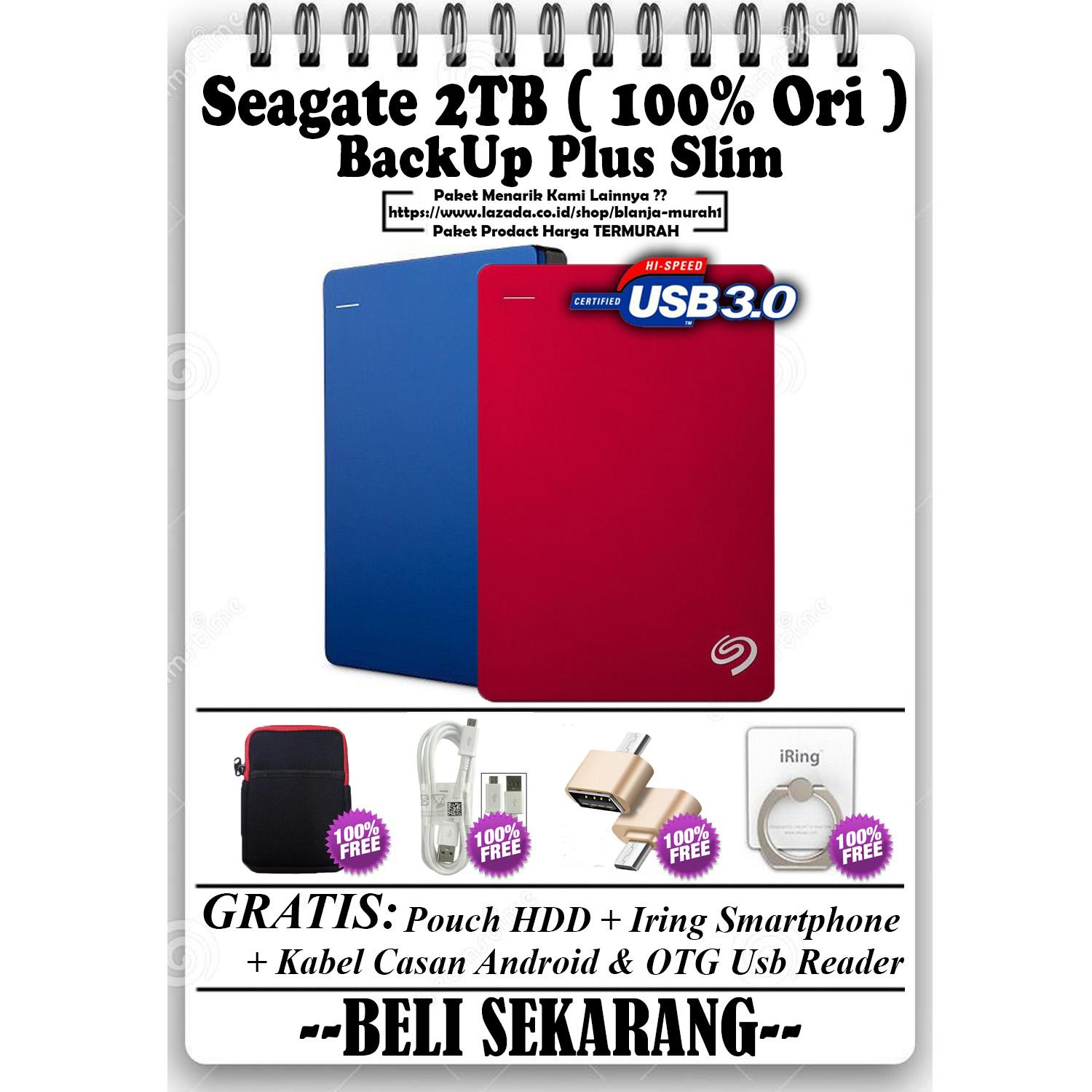 Seagate Backup Plus Slim 2TB - HDD - HD - Hardisk External 2.5 - GRATIS Pouch HDD + Kabel Charger Micro Android + Usb OTG Reader Android & Iring Stand HP/Tablet