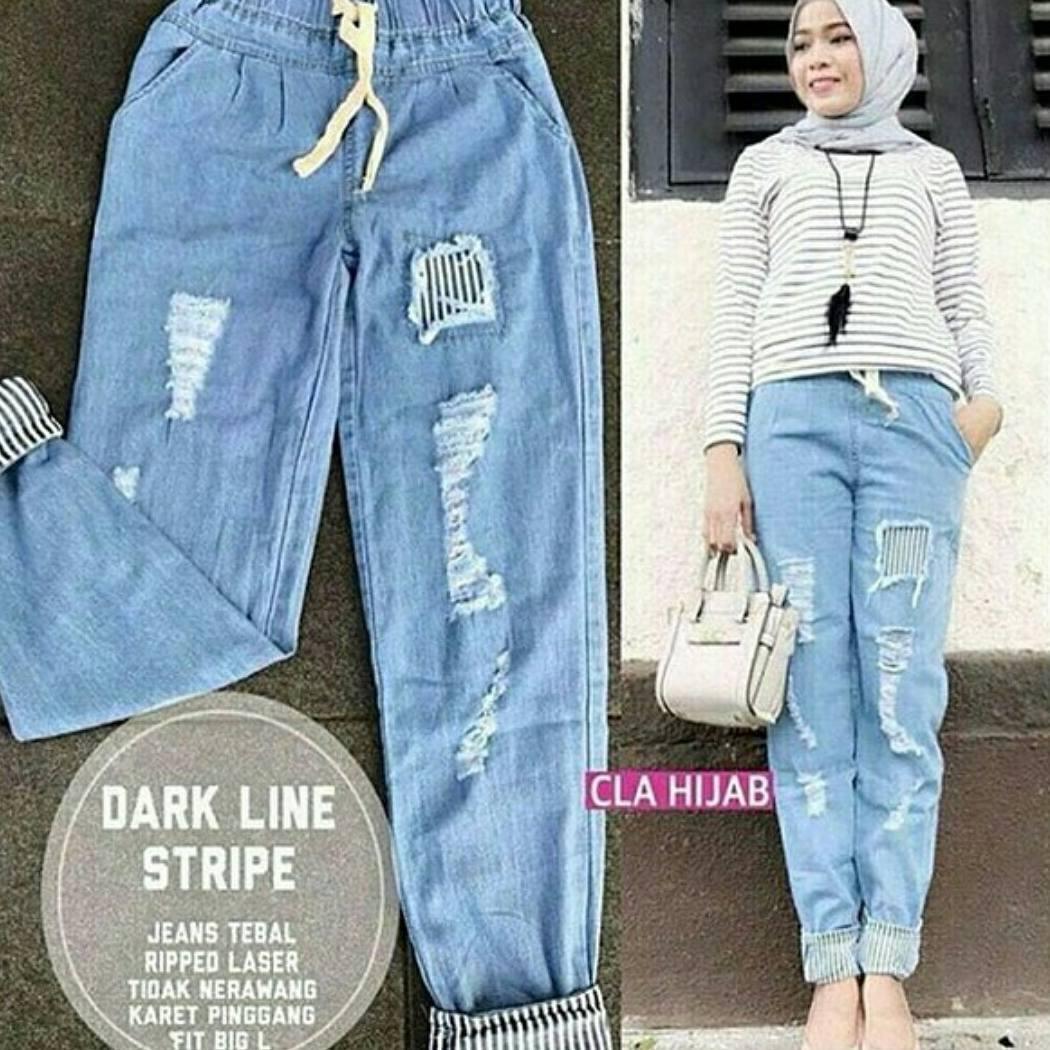 CELANA JEANS DARK LINE STRIPE - FASHION CELANA WANITA