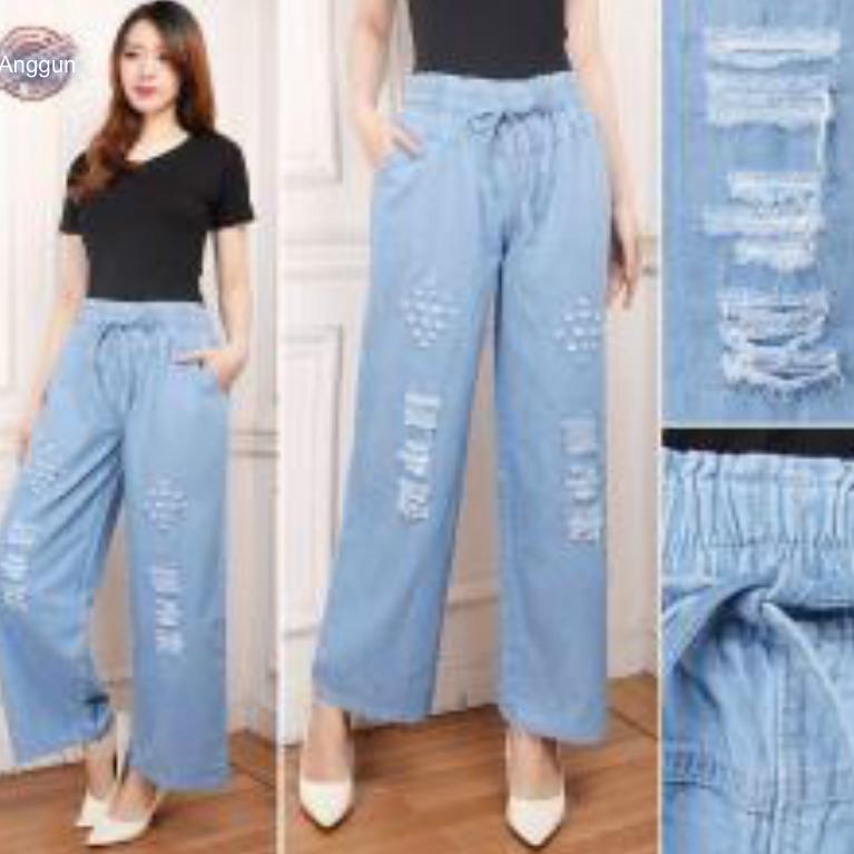 Celana Panjang Rhya Kulot Jeans Sobek Wanita( Motif Random)