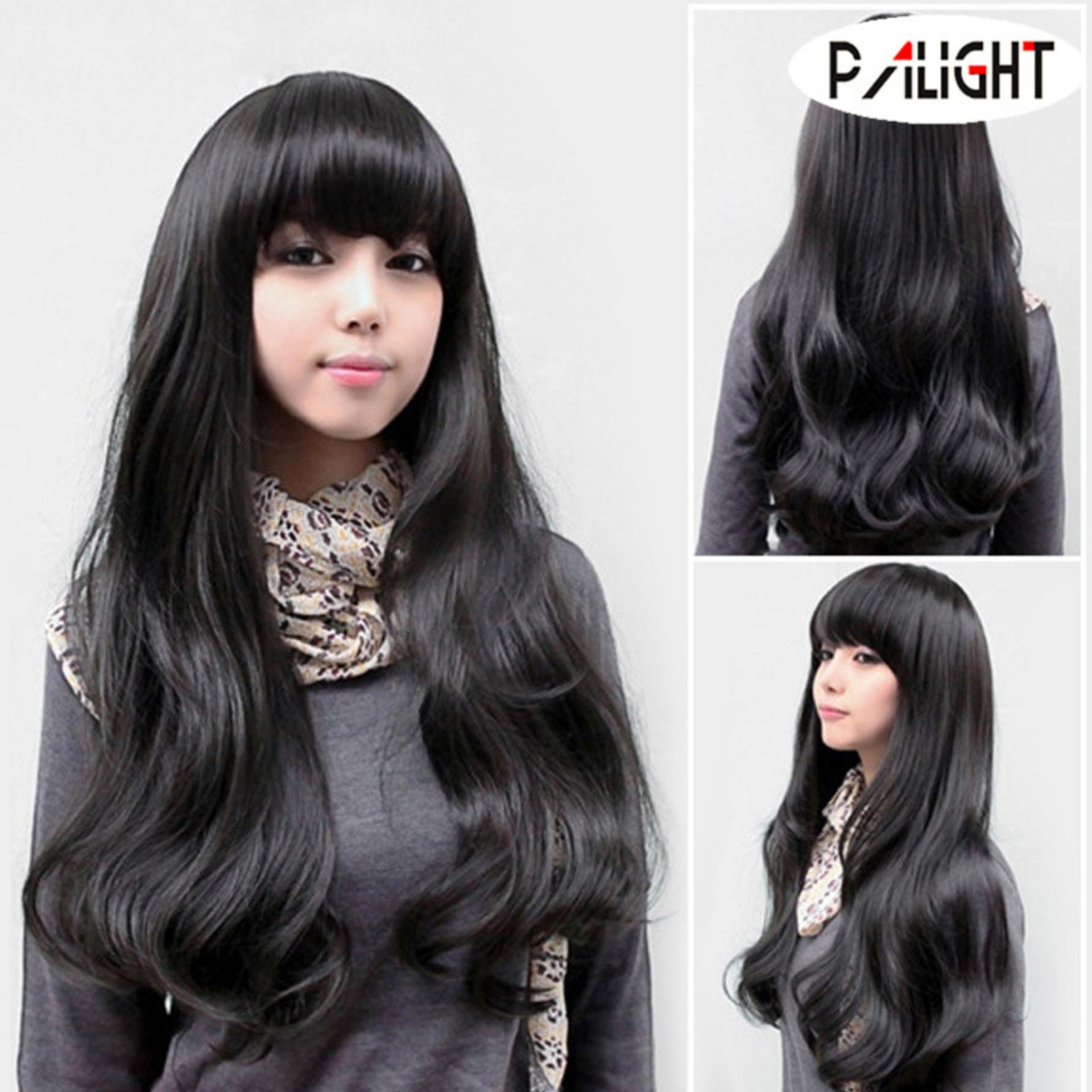 PALIGHT Fashion Wanita Rambut Hitam Panjang Wig Fluffy Full Curly Wave Palsu-Internasional