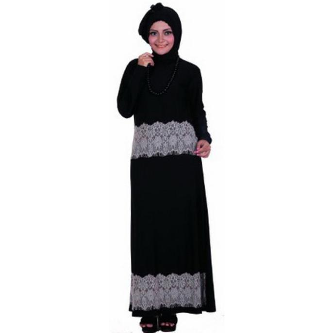 BAJU GAMIS / MUSLIM WANITA JERSEY HITAM HIJAU GAREU GKL 8902 KDLGFHJAS