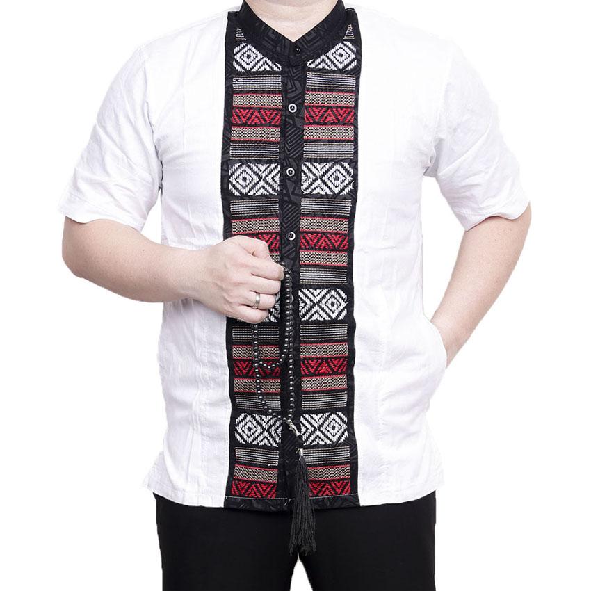 Ormano Baju Koko Muslim Batik Bordir Lengan Pendek Lebaran Hari Raya Pengajian ZO17 KK85 Kemeja Fashion Pria Corak Masa Kini Modern Size L - Putih