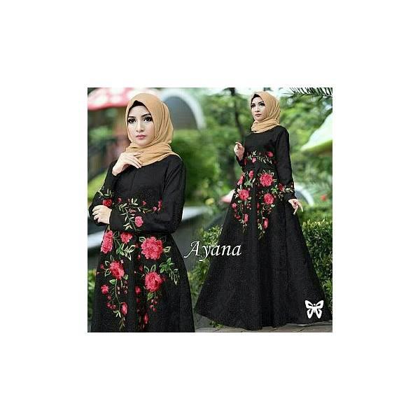 Gamis Syari Baju Muslim Wanita / Gamis Balotelli Motif Bunga Ayana Maxi Hitam