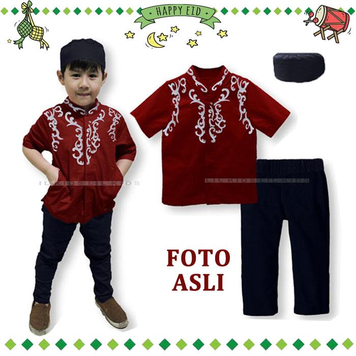 Setelan Baju Koko Anak Import Murah Baju Koko Anak Katun Baju Koko Anak Lengan Pendek Maroon Bordir Curve