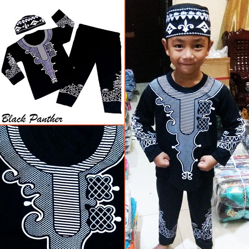 Setelan Baju Kaos Koko+Celana+Peci Anak Muslim Motif Wakanda Black Panther