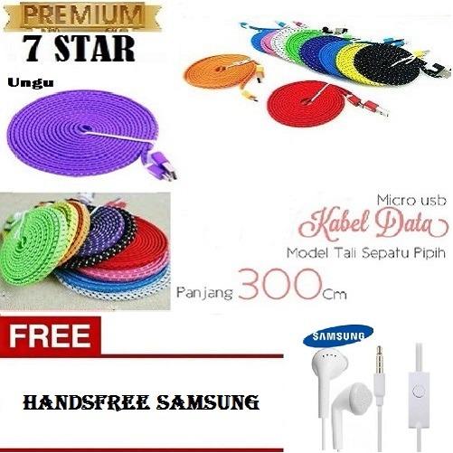 PREMIUM Kabel Data 3 Meter Motif Tali Sepatu Micro USB Ungu - 1PCS + Gratis Headset Samsung Untuk Semua HP Original 1Pcs