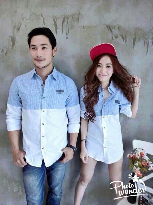 kemeja couple biru putih lengan panjang rovy - baju pasangan