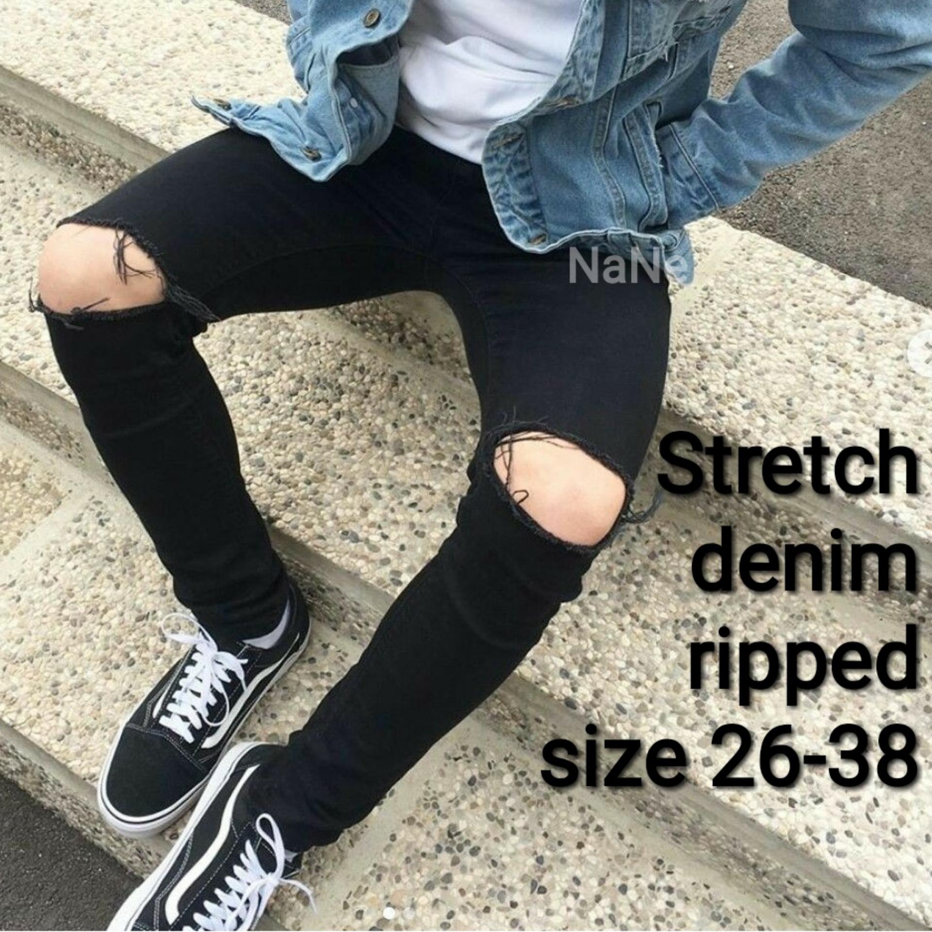 Celana Jeans Pria Hitam Sobek Skinny Stretch