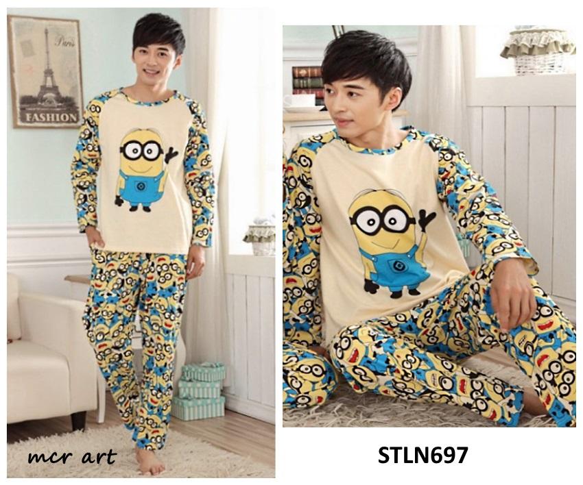 Baju Tidur Pira Setelan Piyama Pria Minion Bob Full Cream Blue - STLN697