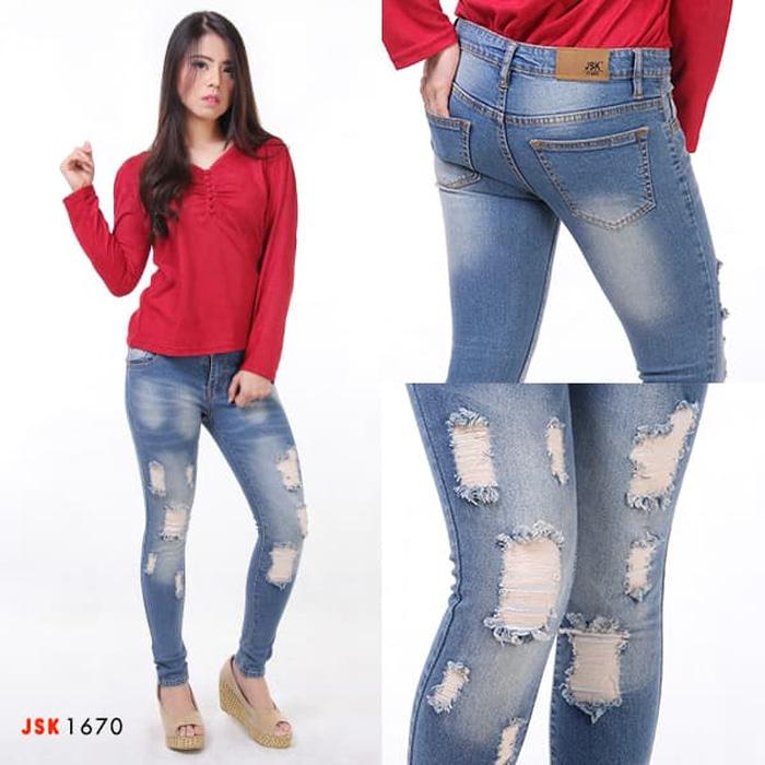 JSK 1670 - Jual Celana Ripped Skinny Jeans Wanita Premium Original - Telur Whisker- 27