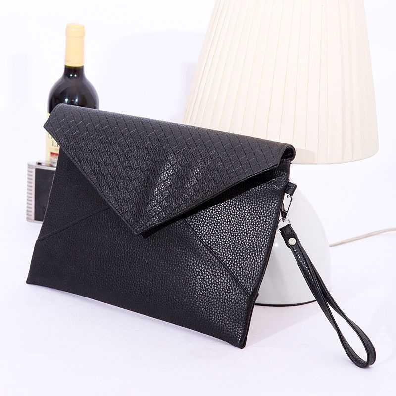 tas tangan clutch kulit sintetis hitam anyam hand envelope bag bta342