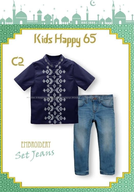 New Baju Muslim Anak Laki KH65 Koko Pendek Bordir Biru Navy Celana Jeans