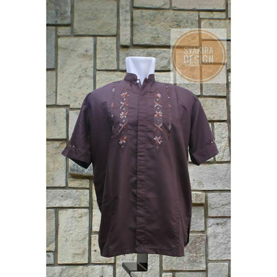 Baju Koko Lengan Pendek Teluk Belanga Sulam Terawang Coklat
