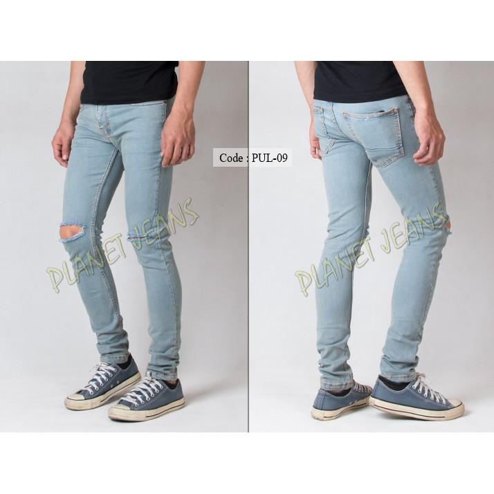 Celana Jeans Pria Ripped Sobek / Robek Lutut Model Skinny / Pensil F45