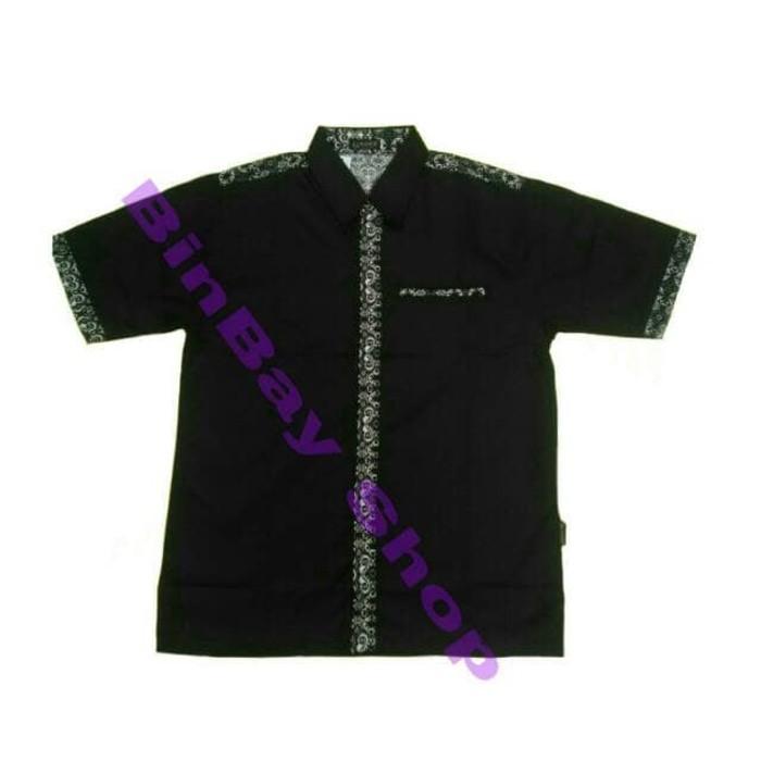 KEMEJA SERAGAM KERJA HITAM KOMBINASI BATIK BAHAN DRILL S-M-L-XL -