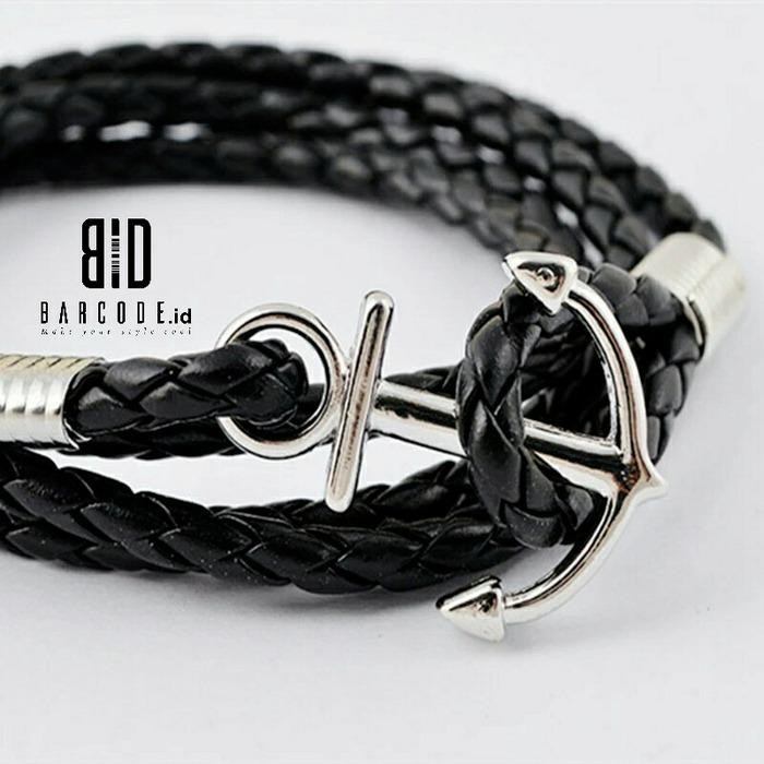 Barcode.id Gelang Kulit Pria / Gelang Pria Jangkar Anyam 3 Layer Hitam Premium