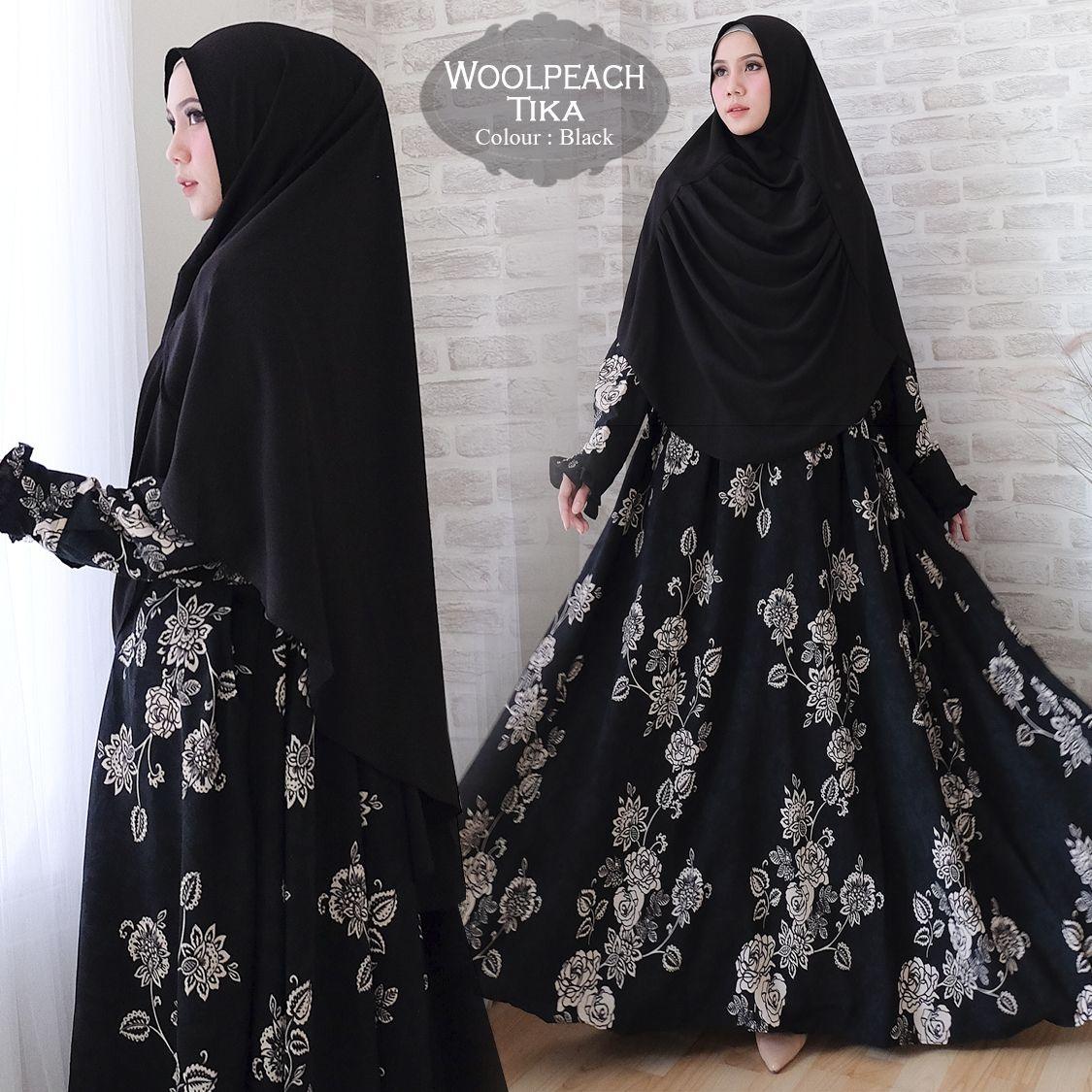 GAMIS SYARI MUSLIMAH WOOLPEACH TIKA WARNA HITAM PLUS KHIMAR