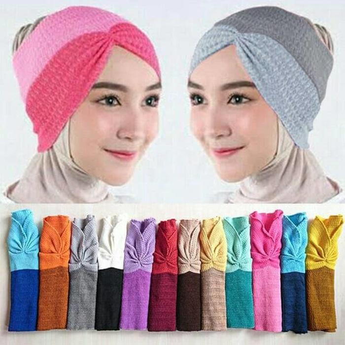 Paket 12pcs Bandana Rajut KERUT 2 Warna / 2 tone ciput Kerut Inner Rajut