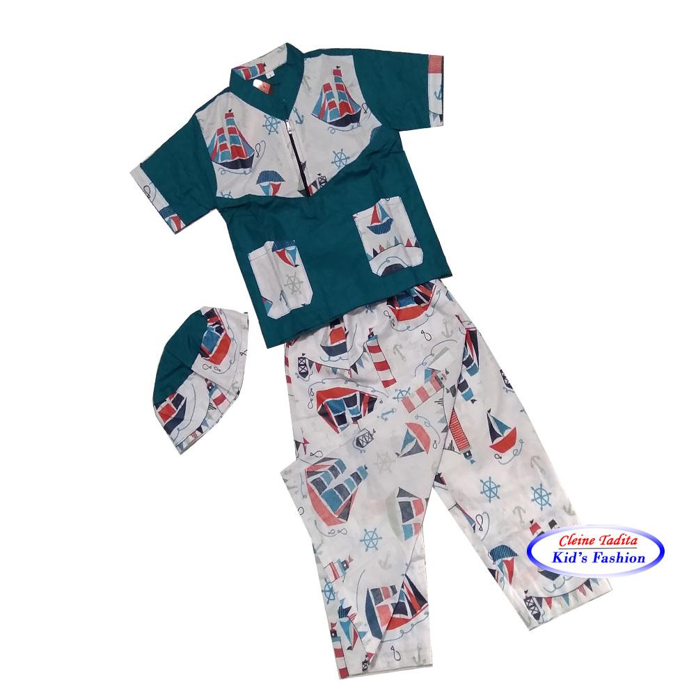 Paket Sarkoci Anak MOTIF PERAHU (Sarung. Baju Koko & Instan Peci)