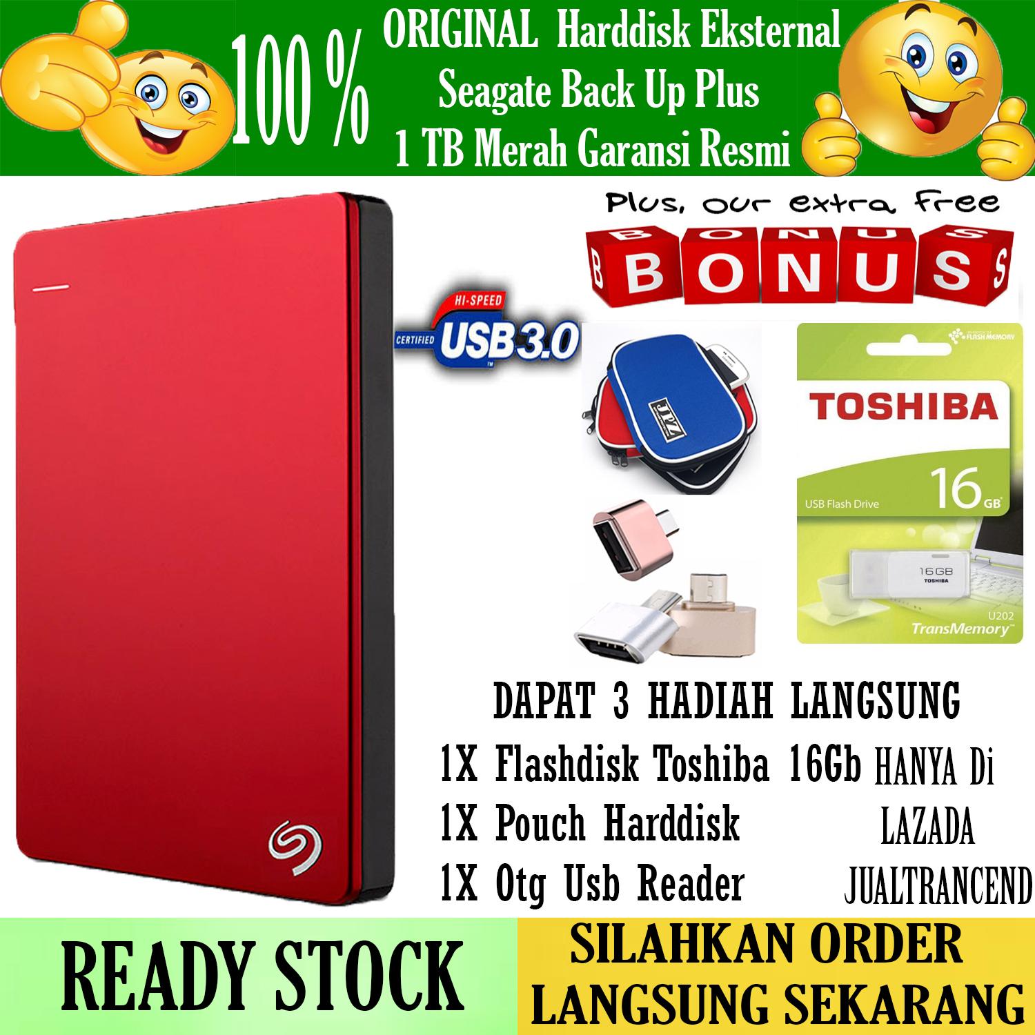 Seagate Backup Plus Slim 1TB - HDD - HD - Hardisk External 2.5 - Merah + Gratis Flashdisk 16Gb Toshiba Usb 2.0 +Pouch Harddisk + Otg Mini Reader