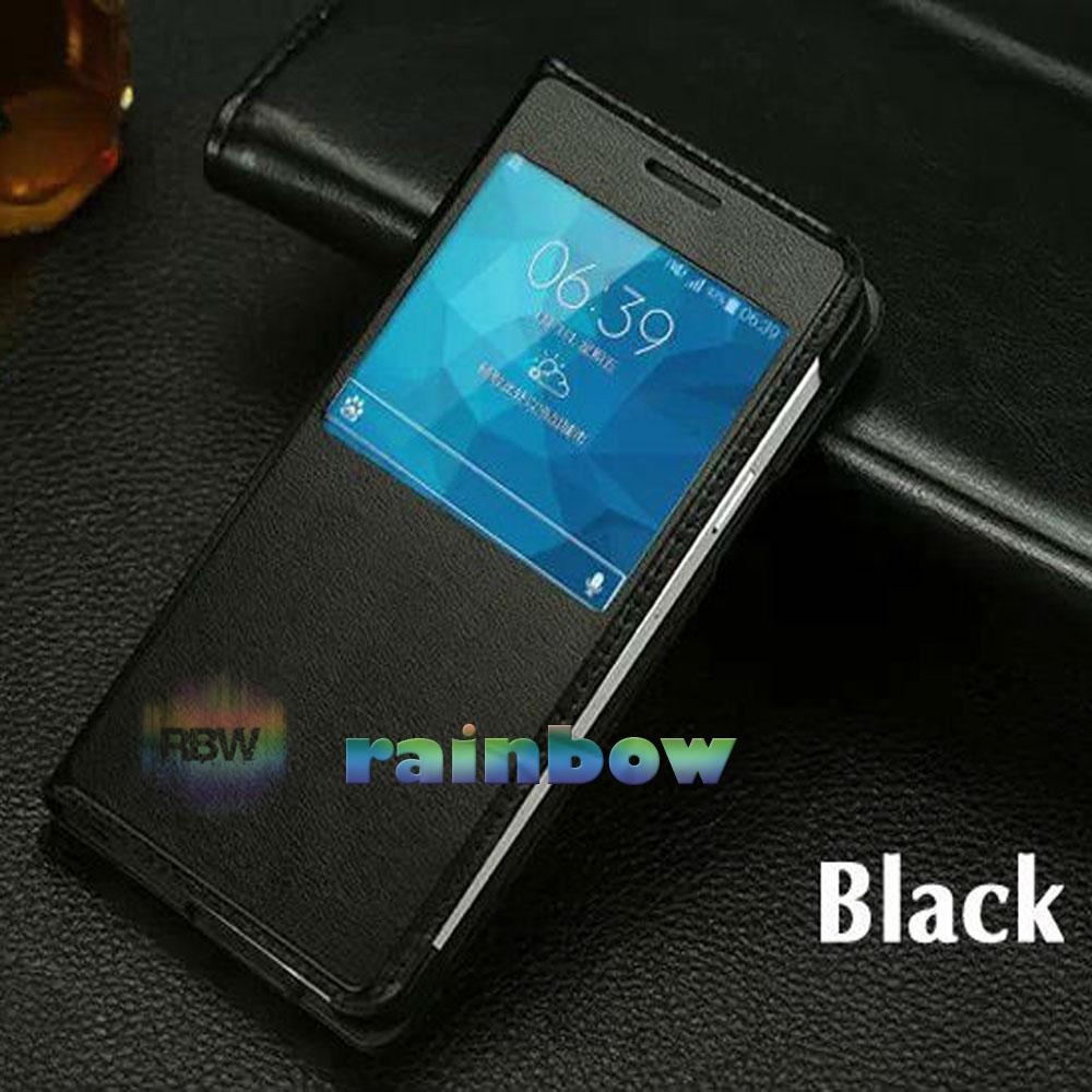 Rainbow Flip Cover Samsung Galaxy E7 E700F Window View Phone Cover Kulit Sintetis Hitam / Flipcover Kulit / Sarung Case / Leather Case / Case Hp / Leather Cover / Flipcover View Samsung E7 - Black