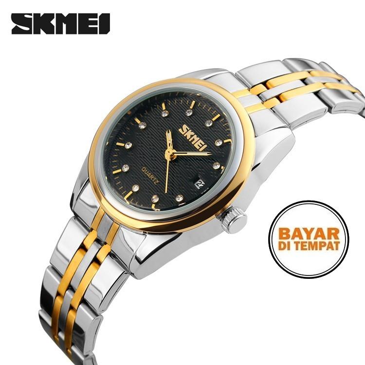 Jam Tangan Couple Original SKMEI Pria Lelaki Laki-laki Cowo Cowok Perempuan Wanita Cewek Cewe Lady Women Black / Hitam Analog Elegant Stainless Steel anti air Waterproof 30 Meter Silver Mewah Garansi 339099