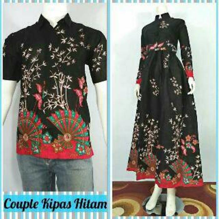 Baju batik couple kemeja dan gamis motif kipas hitam