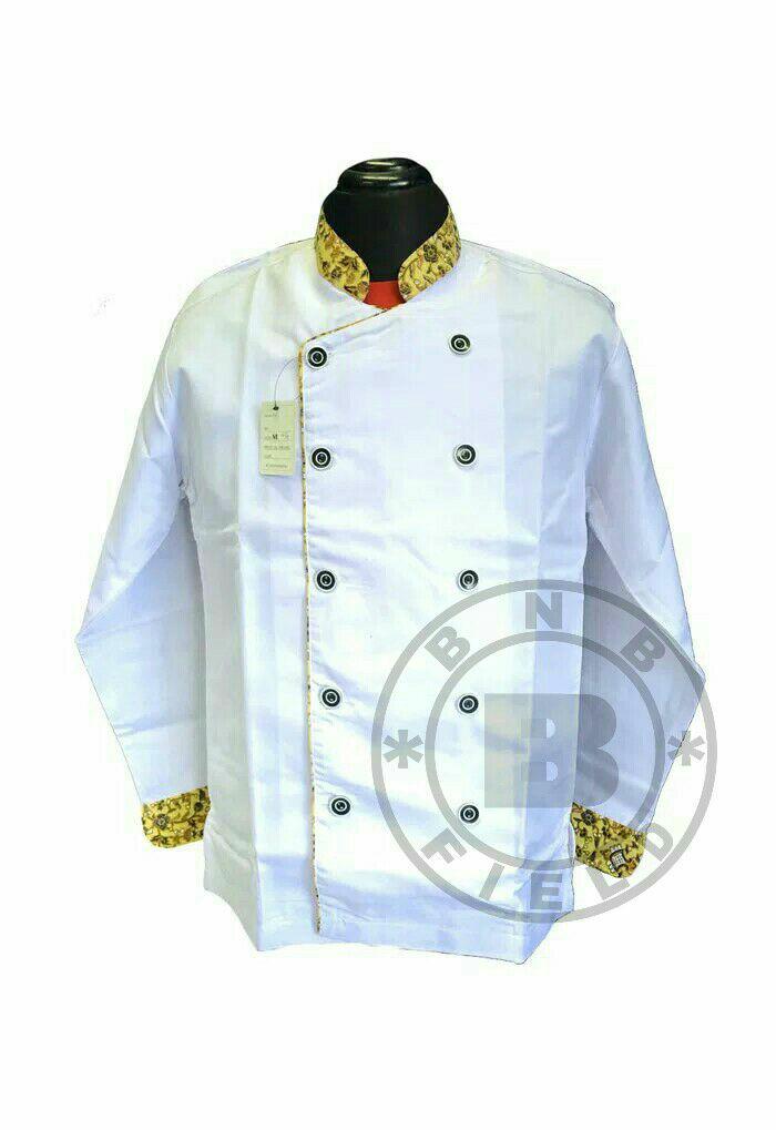 Baju Seragam Chef Putih Kombinasi Batik Lengan Panjang.