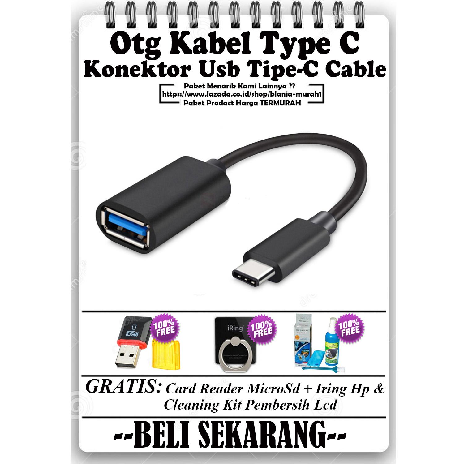 Trends OTG Kabel Type C Konektor Usb Tipe-C Cable - GRATIS Card Reader MicroSD + Iring Stand HP & Cleaning Kit Pembersih LCD PC Laptop