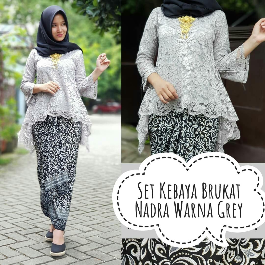 STELAN KEBAYA BRUKAT NADRA WARNA GREY ( NO PASMINA) READY SIZE M, L DAN XL