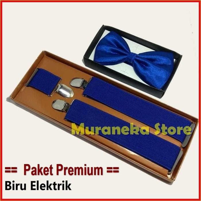 Paket Premium Biru Elektrik BLUE Dasi Kupu Bretel Suspender Baju BCA Electric Dewasa Polos Bowtie Tali Jojon Murah Pria Wanita Pesta Aksesoris Wisuda Pengantin Wedding Bridesmaid Promnight Prom MC Necktie Tuxedo Groomsman Nikah Brides Prewed