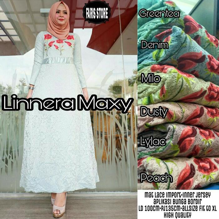 Baju Gamis Brokat Long Dress Maxi Wanita Muslim lengan Linnera