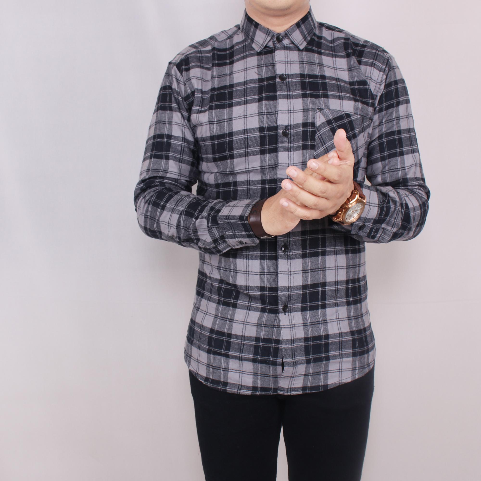Zoeystore1 5674 Kemeja Flanel Pria Lengan Panjang Baju Kemeja Flannel Cowok Kerja Kantor Hitam Kotak Abu-abu Exclusive