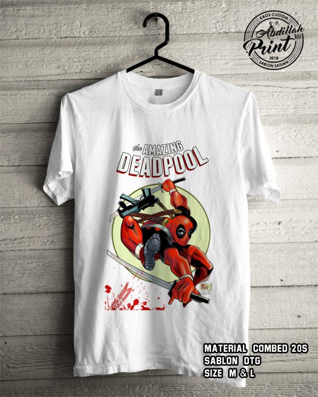 Kaos Distro Custom Design T Shirt Casual Atasan Pria Wanita Cotton Combed 20s Sablon DTG Quality Export - Superhero Marvel Dc - Deadpool Amazing - White