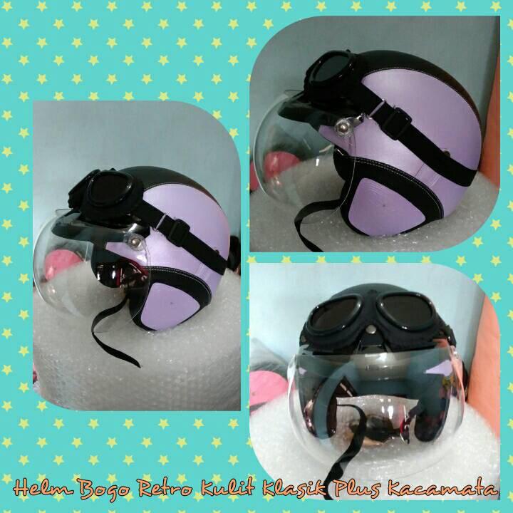 Helm Bogo Retro Kulit Klasik Ungu Hitam Plus Kacamata