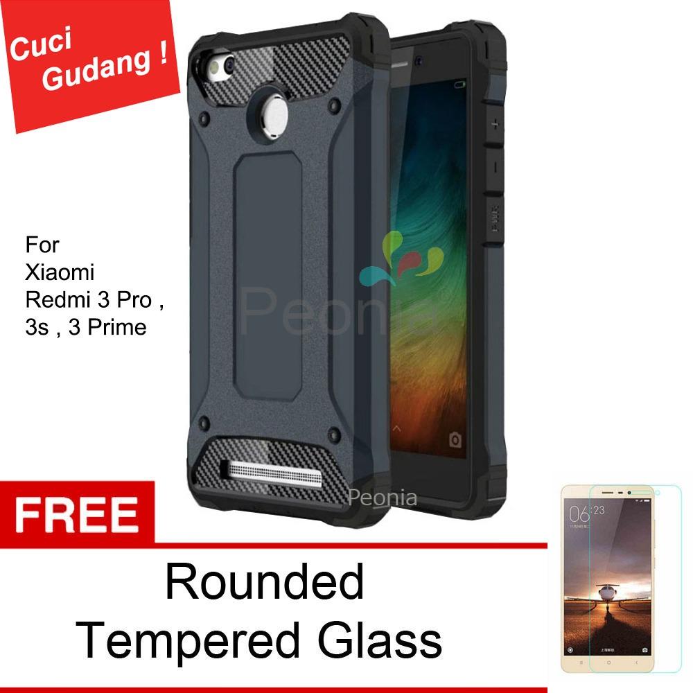 Peonia Kingkong Defender Slim Armor HardCase for Xiaomi Redmi 3 Pro, Redmi 3s ( sama ukuran ) - Dark Blue + Tempered Glass 2.5D Bening