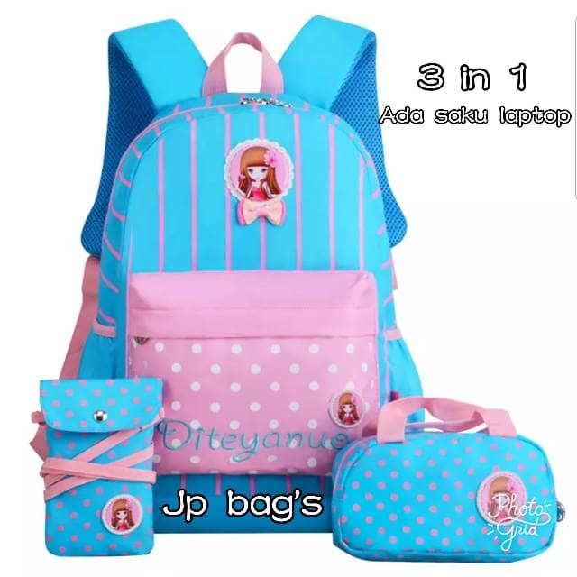 Jual PUSAT GROSIR Tas Ransel Anak Sekolah SD Laki Perempuan 3in1 BT Murah 1 - Biru Muda Promo