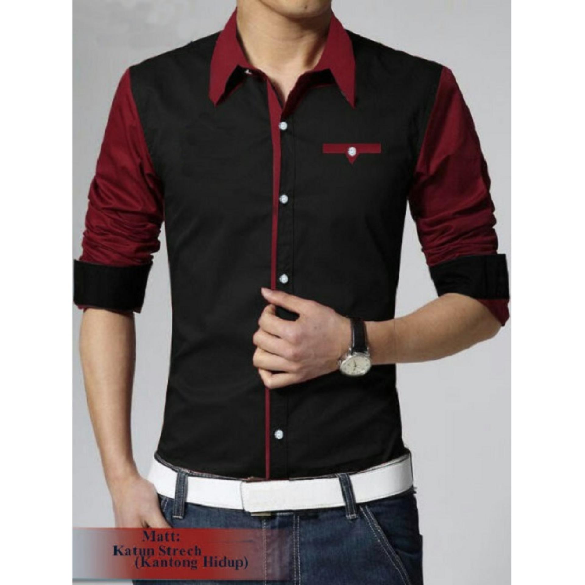 Best Item! Kemeja Pria Katun Stretch Hitam Kombi MaroonKode Dhala-FASH325
