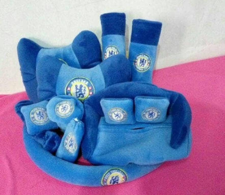 Bantal set mobil 7in1 model chelsea club warna biru / Aksesoris bantal set mobil 7 in 1 murah unik lucu UNIVERSAL / Tempat tissue chelsea club / sarung bantal mobil 9in1 warna blue