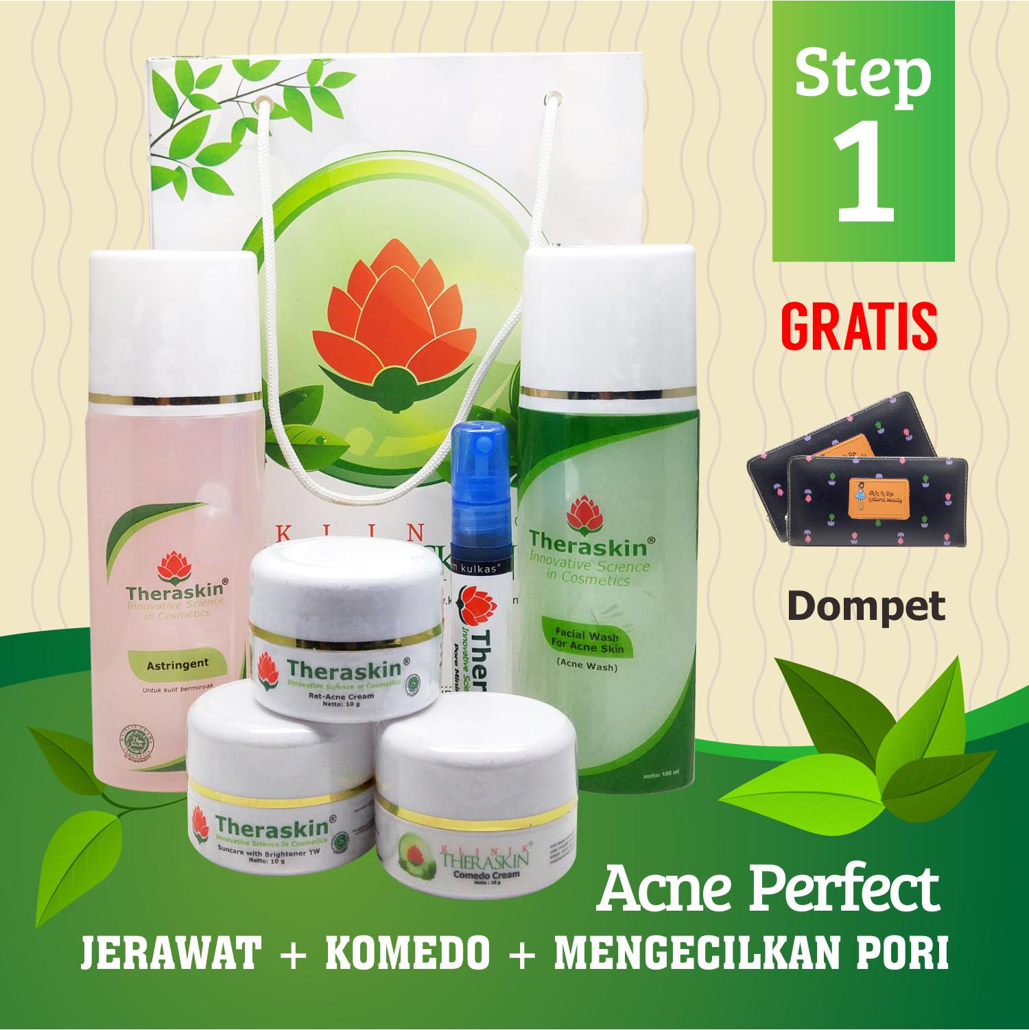 Theraskin Acne Perfect Step 1 / Paket Theraskin Jerawat + Komedo + Mengecilkan Pori - Pori + Gratis Dompet