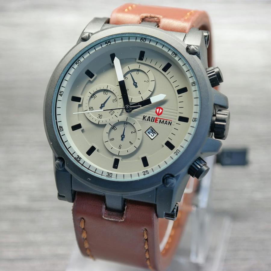 Kademan NB D39LTH140CKTABP Chrono Fariasi Leather Strap Jam Tangan Pria Coklat Abu Putih