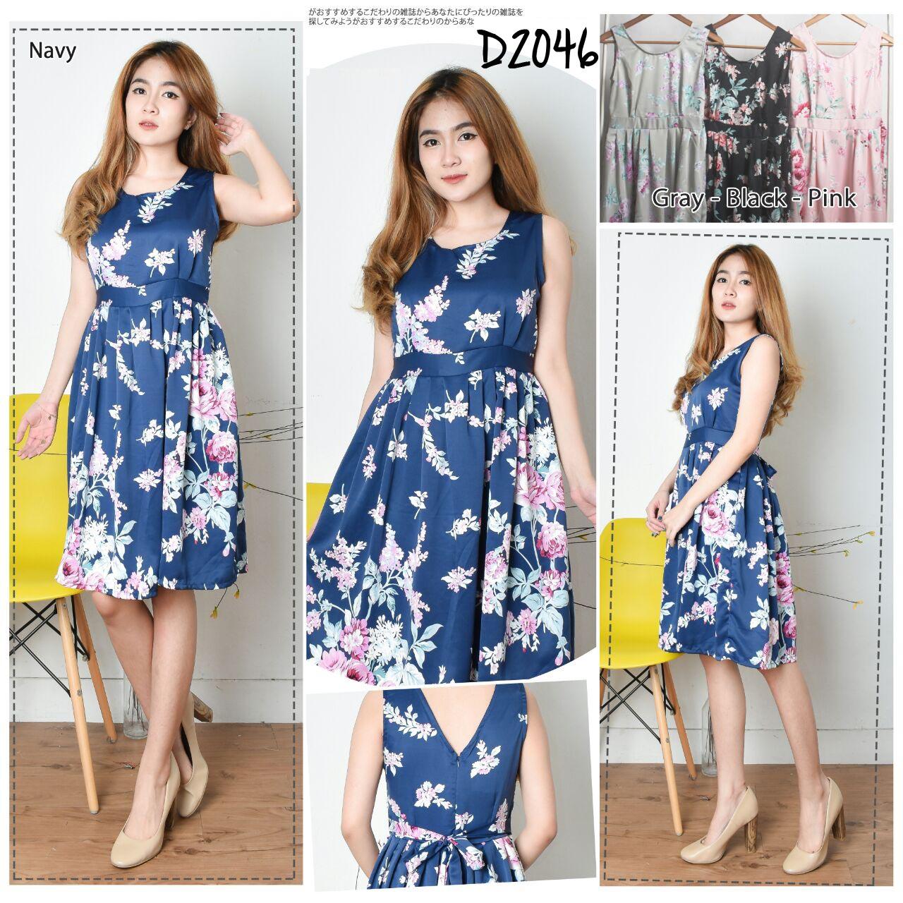 D2046 Dress Terusan Rok Lutut Lengan Pendek Motif Bunga Ikat Pinggang Tali Fashion Murah Wanita