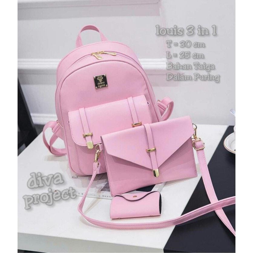 Jual Termurah Tas Ransel Wanita Set Paket 3in1 Louis Pink / Toko Tas Murah Promo