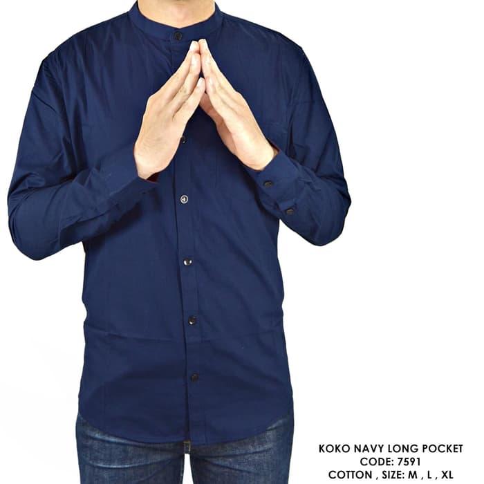 BAJU KEMEJA PANJANG KERAH KOKO POLOS POLOSAN BIRU DONGKER COWOK PRIA