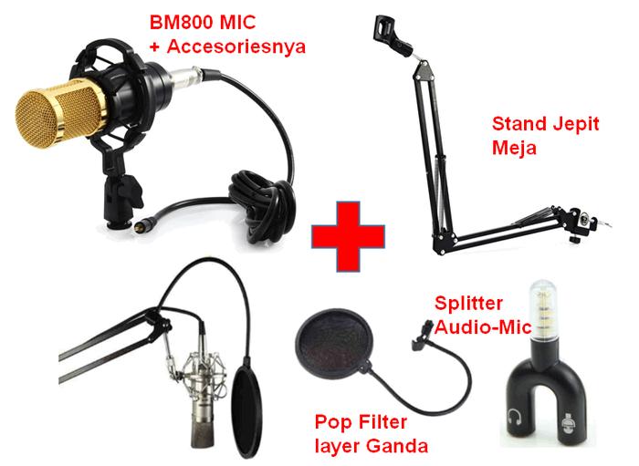 MDM Paket microphone condenser bm800 pop filter stand mic dan Splitter