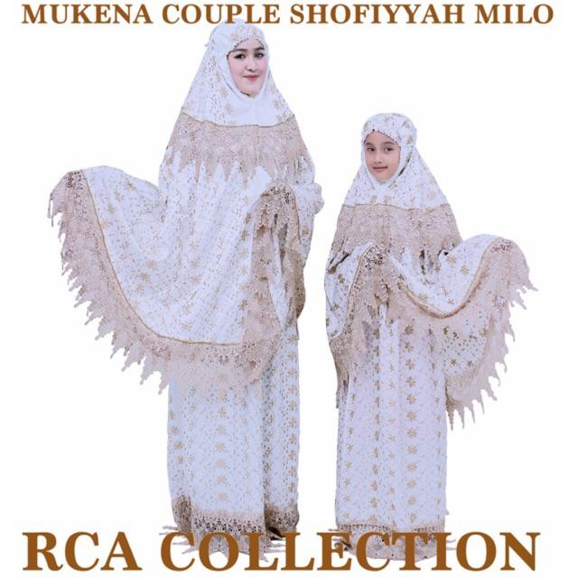 Mukena Couple Prada Keong Milo Dan Putih Renda Daun Melati Warna Putih Dan Milo Keong Milo