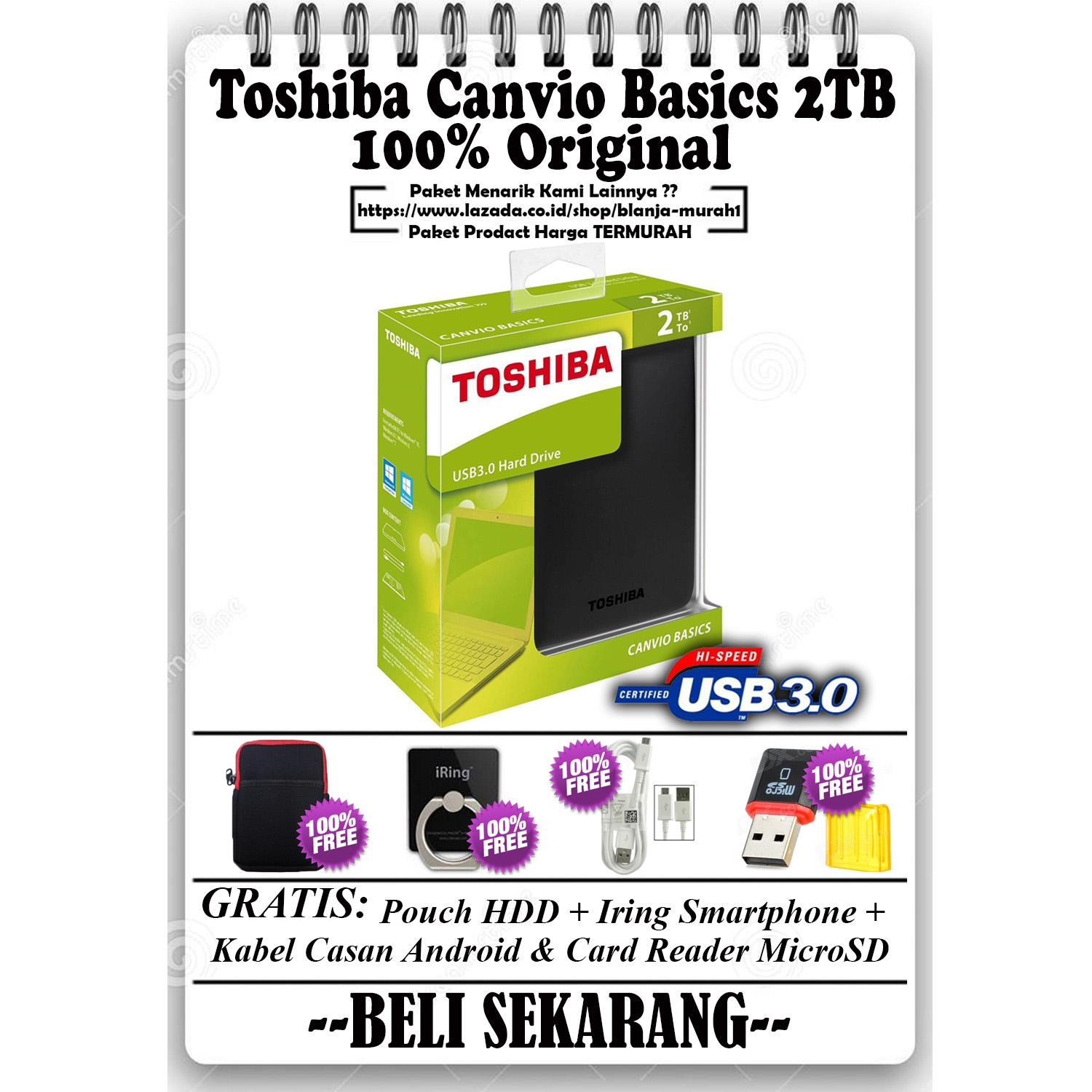 Toshiba Canvio Basics 2TB - HDD / HD / Hardisk Eksternal - Black GRATIS Pouch Harddisk Ext + Iring Smartphone + Kabel Casan Android & Card Reader MicroSD