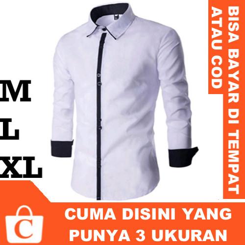 CORATCORETUDIO - Kemeja Pria Hem Cowok Polos Lengan Panjang Garis Tengah Kerah PUTIH HITAM / 3 Ukuran M L XL / Kecil Kurus Besar Gemuk Gendut Jumbo / Kemeja Putih Pria Lengan Panjang / Kemeja Putih Cowok Lengan Panjang / Kemeja Putih Laki Lengan Panjang
