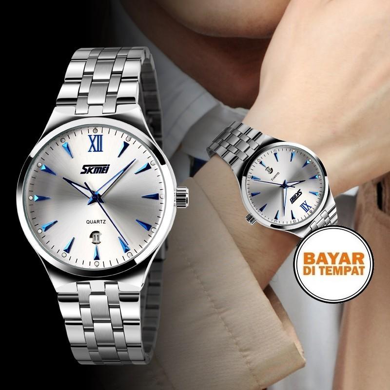 Jam Tangan Couple Original SKMEI Pria Lelaki Laki-laki Cowo Cowok Perempuan Wanita Cewek Cewe Lady Women Silver Blue / Biru Analog Elegant Stainless Steel Anti Air Waterproof 30 Meter Silver Mewah Garansi 339071