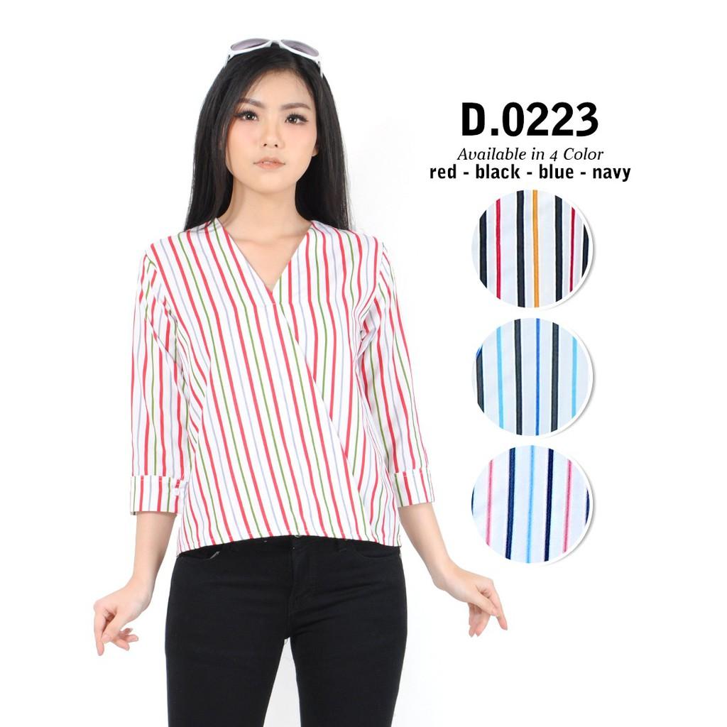 Monellina Fashion Baju Blouse Atasan Kemeja Murah Wanita / Cewek Kekinian D0223 Yukata Salur Rainbow Merah List Hijau